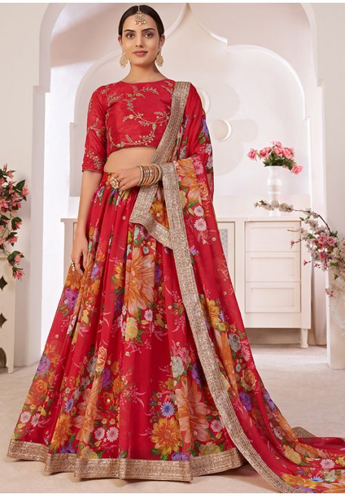 Red Bridal Floral Lehenga Choli In Georgette SFSA308107 - Siya Fashions