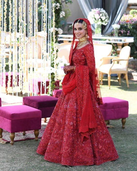 Iqra Aziz Pakistani Bridal Royal Red Exclusive Silk Lehenga Choli SHRMAY43 - Siya Fashions