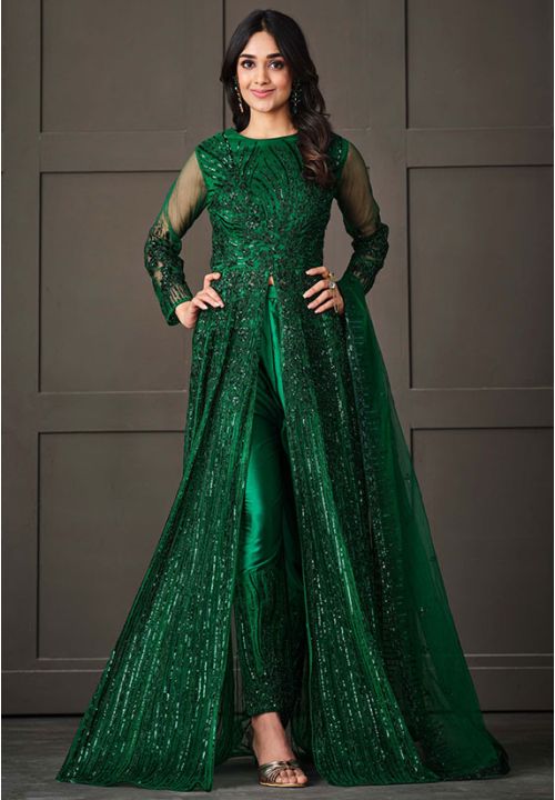 Green Net Wedding Indian Pakistani Long Gown Anarkali Suit SFVPL20903