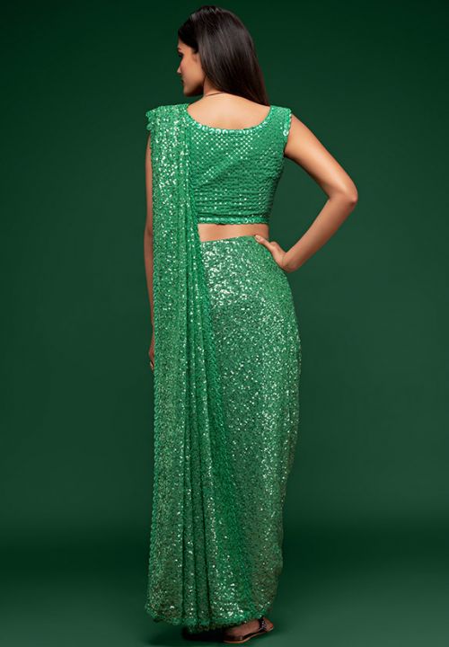 Green Fully Sequined Designer Indian Party Saree SFZC1301 - Siya Fashions