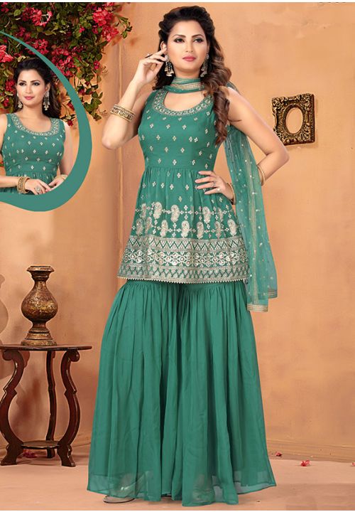 Green Designer Indian Evening Wedding Party Sharara SFKN55818R - Siya Fashions