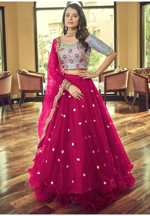 Hot Pink Net Wedding Lehenga Choli Sequin Work SFIDR1604 - Siya Fashions