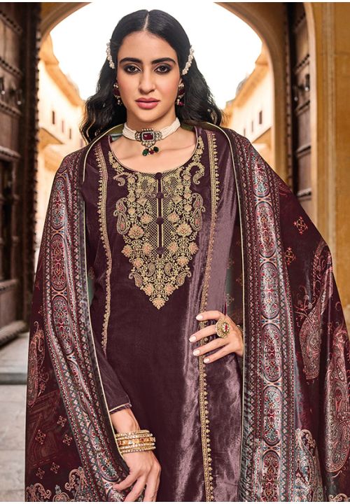 Brown Plus Size Velvet Indian Pakistani Palazzo Suit SFSTL22402