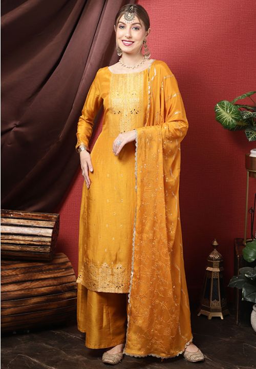 Yellow Plus Size Silk Indian Pakistani Palazzo Suit SFSTL25801