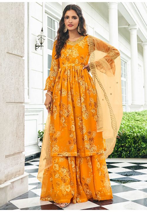 Yellow Floral Indian Palazzo Suit In Georgette SFSA343402 - Siya Fashions
