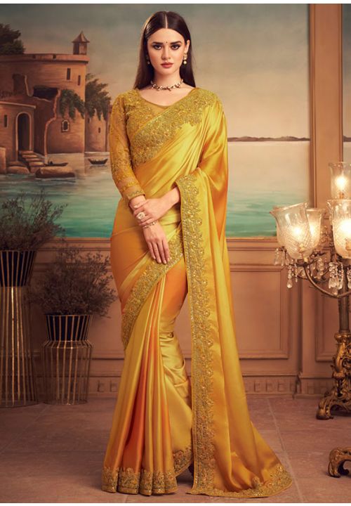 Yellow Haldi Silk Evening Indian Saree SFSA250302 - Siya Fashions