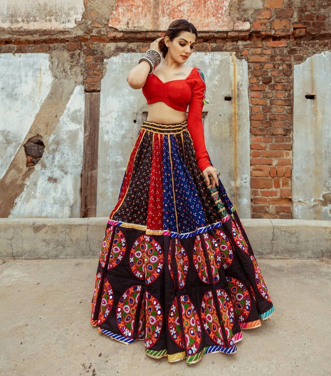 Red Multicolor Navaratri Printed Chaniya Choli In  Butter Silk SAG432 - Siya Fashions