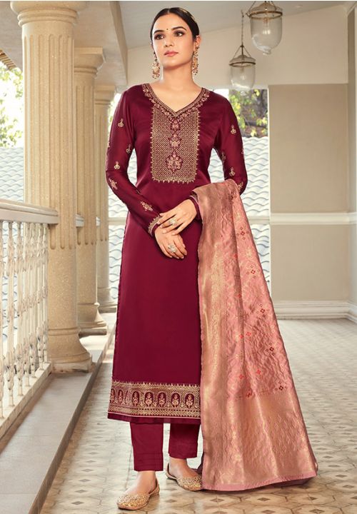 Bollywood Jasmin Burgundy Marron Satin Plus Size Palazzo SFYS74705 - Siya Fashions