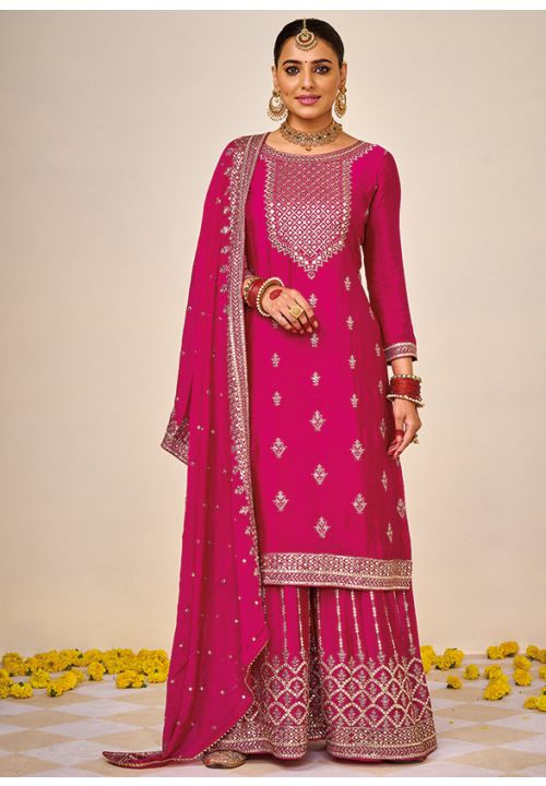 Pink Karva Chauth Palazzo Suit In Chinnon SFFK8101 - Siya Fashions