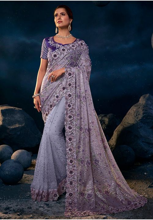 Purple Imported Net Silk Wedding Reception Saree SFSA352516 - Siya Fashions