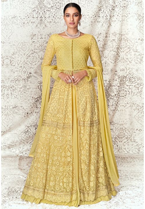 Yellow Haldi Bridal Wedding Georgette Long Anarkali Gown SFSA334702 - Siya Fashions