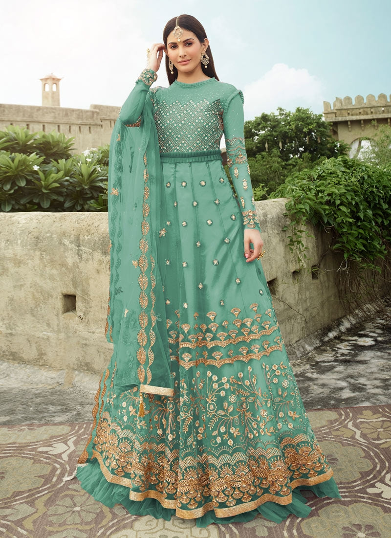 Turquoise Amyra Dastur Long Anarkali Evening Gown In Net FZSF100743 - Siya Fashions