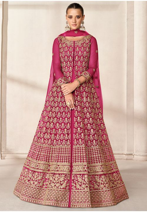 Magenta Pink Bridesmaid Embroidery Net  Long Anarkali Gown SRYS82303 - Siya Fashions