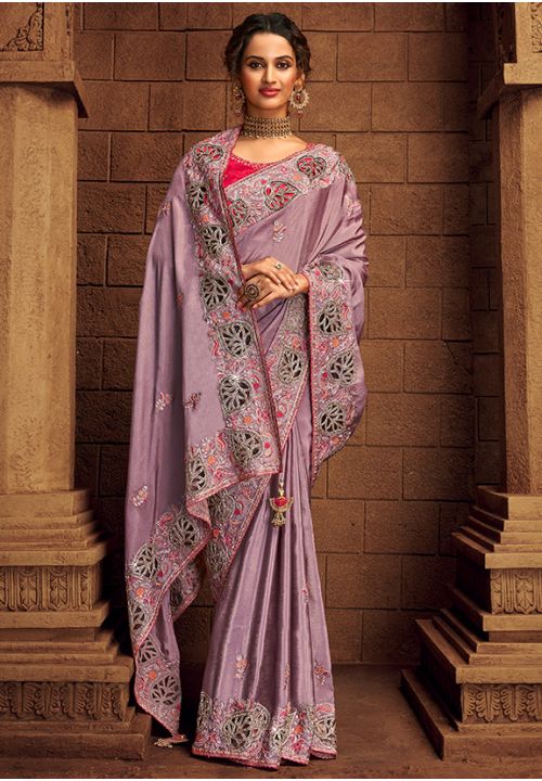 Mauve Purple Imported Net Silk Wedding Reception Saree SFSA303503 - Siya Fashions