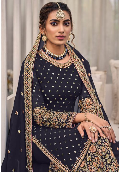 Blue Indian Wedding Georgette Palazzo Suit SFFK5803 - Siya Fashions