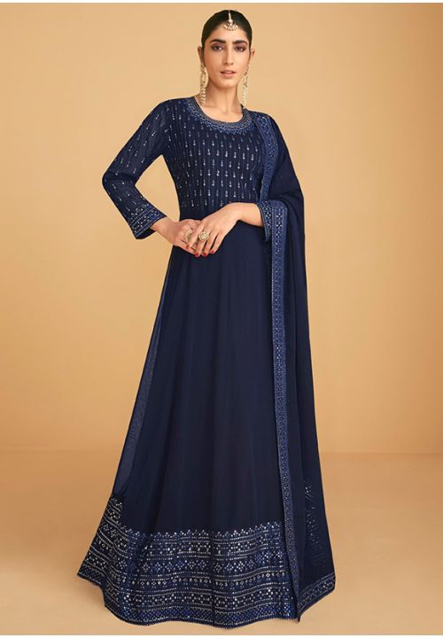 Blue Georgette Indian Pakistani Long Readymade Anarkali SFYS78601 - Siya Fashions