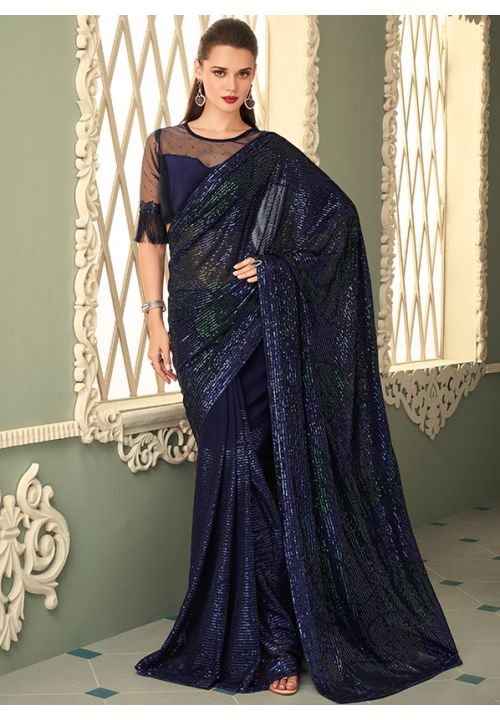 Blue Modest Indian Wedding Reception Saree SF354009 - Siya Fashions