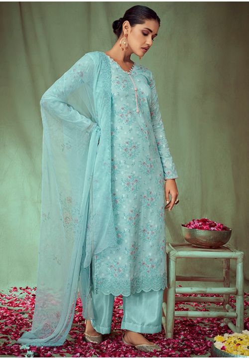 Blue Cotton Jacquard Plus Size Summer Palazzo Suit SFSTL18905 - Siya Fashions