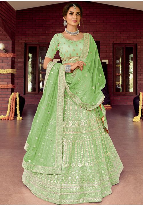 Hot Green Bridal Reception Designer Lehenga In Raw Silk SFARY10818 - Siya Fashions