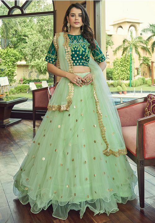 Green Net Wedding Lehenga Choli Sequin Work SFIDR1602 - Siya Fashions