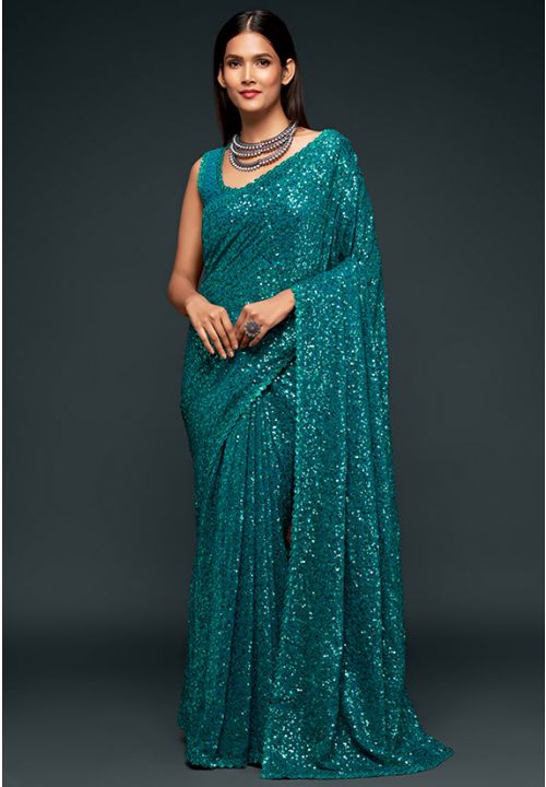 Teal Fully Sequined Designer Indian Party Saree SFZC1302 - Siya Fashions