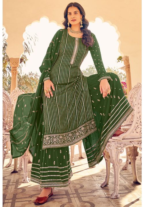 Green Indian Pakistani Sangeet Palazzo Sharara Suit In Georgette SFPRM8804