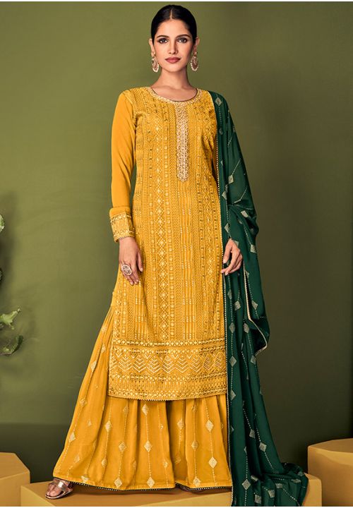 Yellow Embroidery Work Indian Palazzo Suit In Georgette SFYS85502 - Siya Fashions