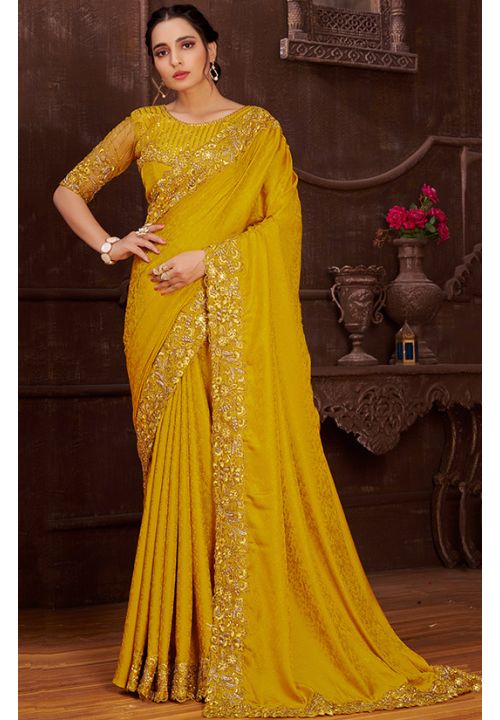 Yellow Mustard Wedding Sangeet Designer Saree In Pure Satin SFSJDN10608 - Siya Fashions