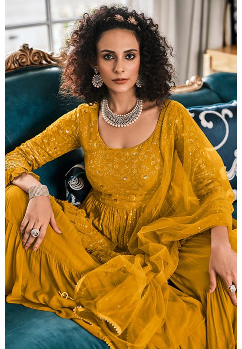 Mustard Yellow Indian Palazzo Salwar Suit In Georgette  SFROY341304 - Siya Fashions