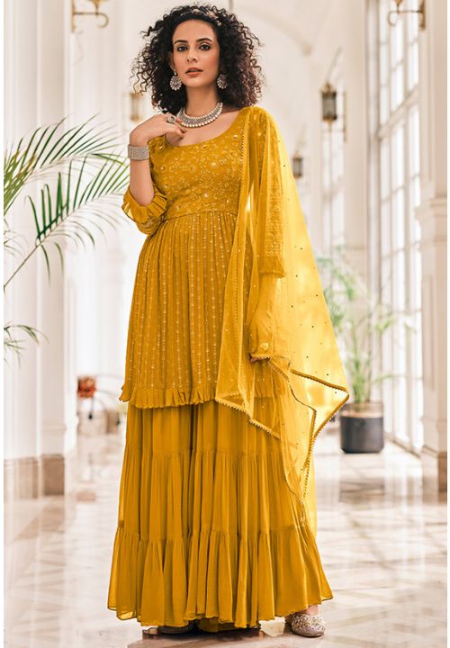Mustard Yellow Indian Palazzo Salwar Suit In Georgette  SFROY341304 - Siya Fashions