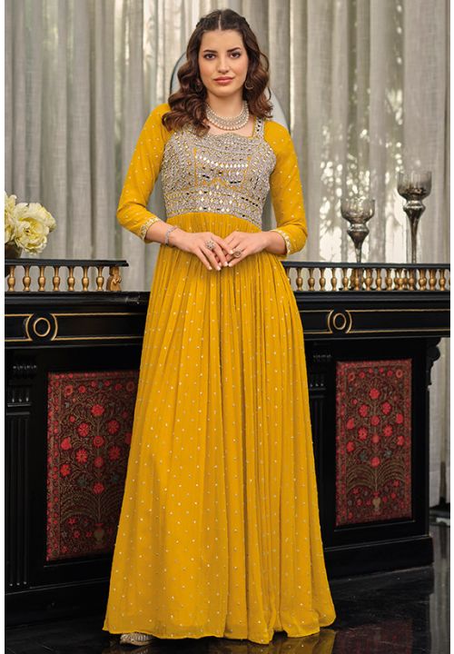 Yellow Haldi Wedding Party Long Anarkali Suit Georgette SFFK7301R - Siya Fashions