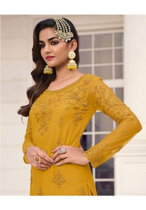 Designer Yellow Indian Palazzo Sharara Suit In Net SFSWG7503 - Siya Fashions