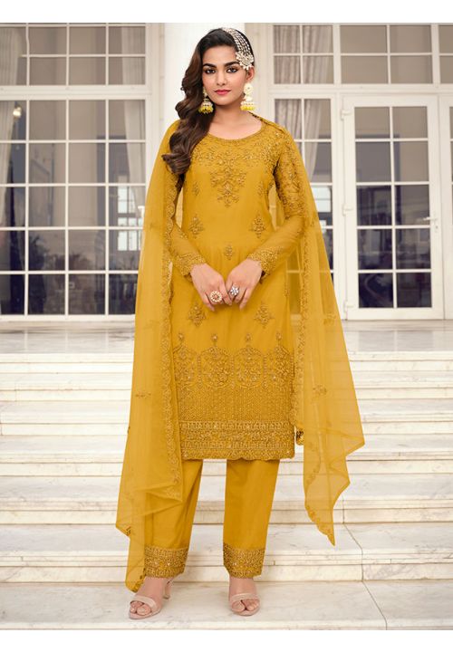 Designer Yellow Indian Palazzo Sharara Suit In Net SFSWG7503 - Siya Fashions