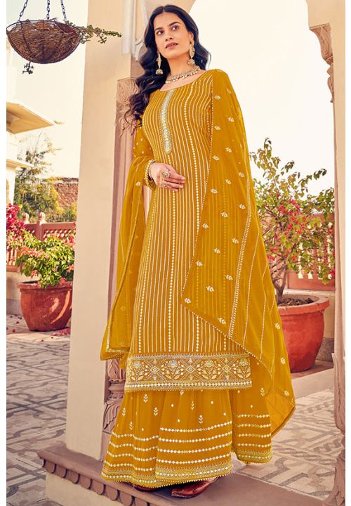 Yellow Indian Pakistani Sangeet Palazzo Sharara Suit In Georgette SFPRM8803
