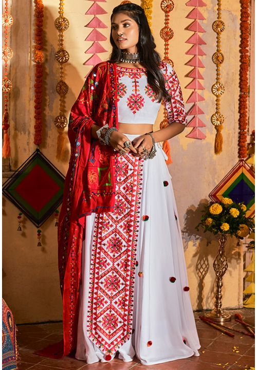 White Navaratri Chaniya Choli In Muslin Cotton SKKHU13406 - Siya Fashions