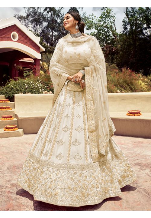Powder White Bridal Reception Designer Lehenga In Raw Silk SFARY10824 - Siya Fashions