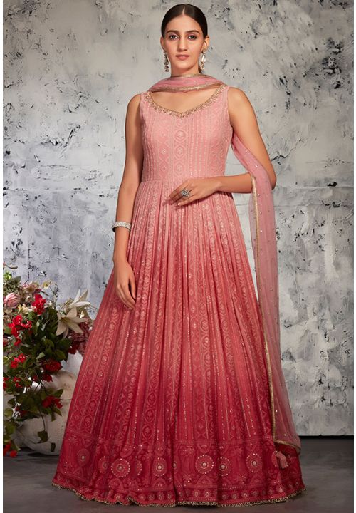 Rose Pink Readymade Lucknowi Bridal Anarkali Gown SFKN60306R - Siya Fashions