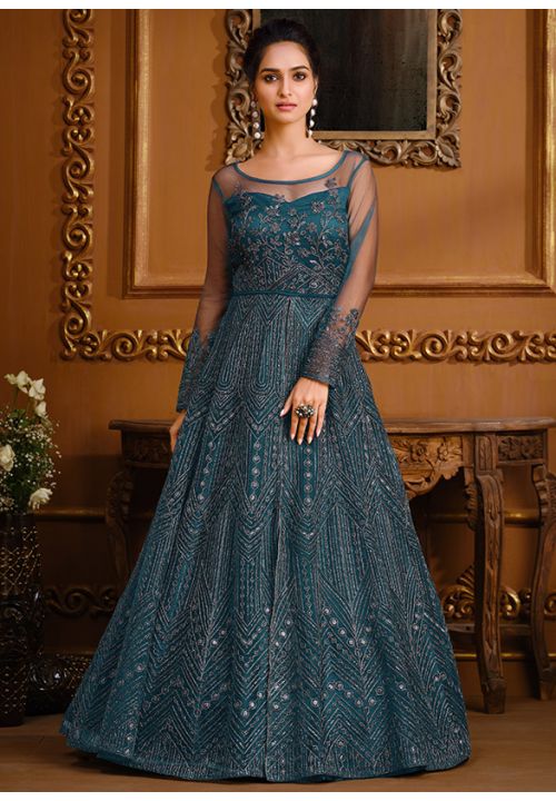 Blue Indian Pakistani Bridal Gown Anarkali Suit In Net  SFVPL18806 - Siya Fashions