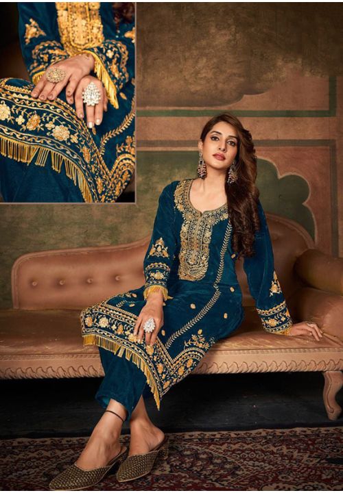 Teal Blue Velvet Indian Sangeet Palazzo Suit SFSA359004R - Siya Fashions