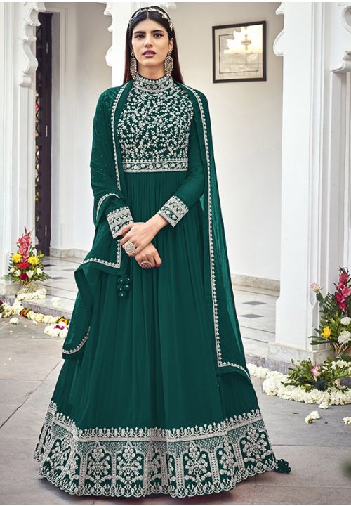 Green Georgette Indian Pakistani Party Long Anarkali SFDSIF7403 - Siya Fashions