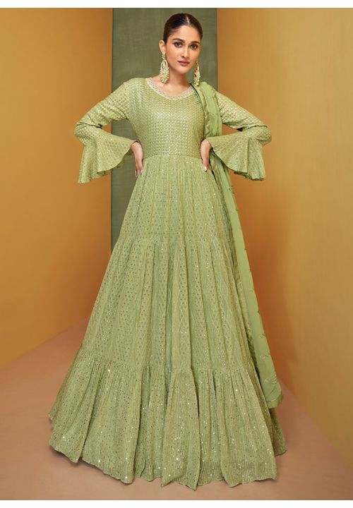 Green Reception Anarkali Wedding Gown In Georgette SYYS88102 - Siya Fashions