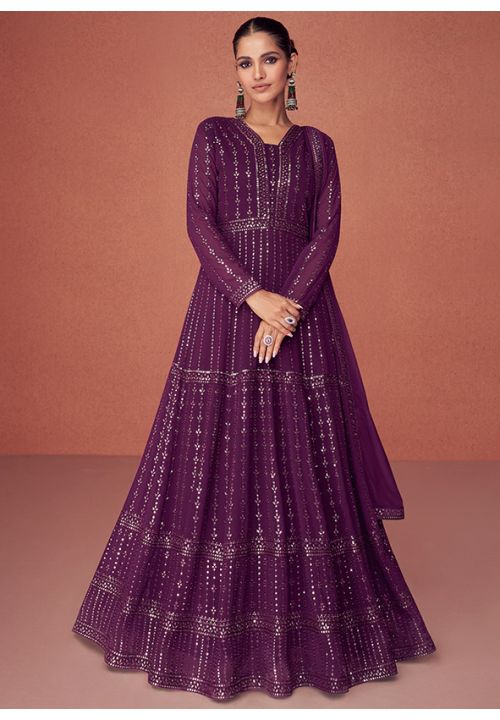 Purple Indian Anarkali Wedding Gown In Georgette SFYS86604A - Siya Fashions