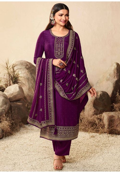 Prachi Desai Purple Silk Trouser Kameez SFSA381807