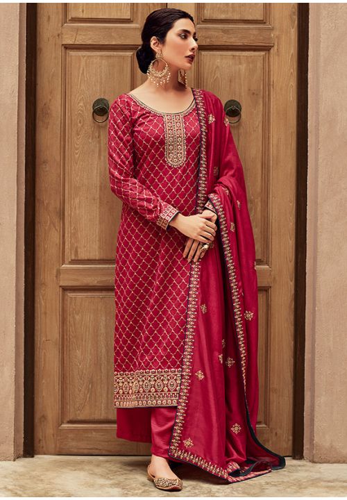 Pink Indian Pakistani Silk Long Palazzo Suit SFYS88905 - Siya Fashions