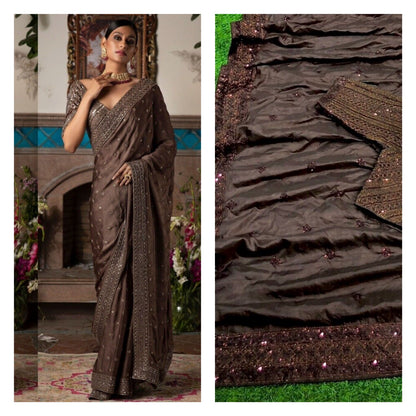 Brown Raveena Bollywood Partywear Evening Sequin Saree In Silk BOLYS424 - Siya Fashions