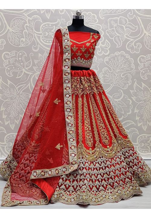 Hot Exotic Red Bridal Lehenga Zari Diamond Work In Net  SFANJ1156 - Siya Fashions