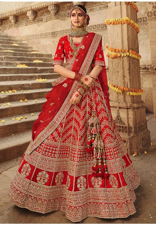 Red Heavy Bridal Wedding Lehenga Choli In Silk SFSJDN11503 - Siya Fashions