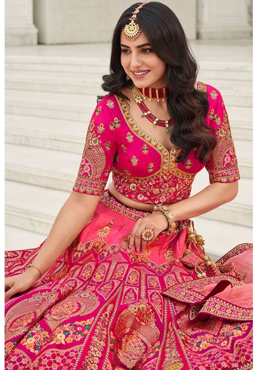 Pink Bridal Heavy Embroidery Lehenga In Silk SFSA385701