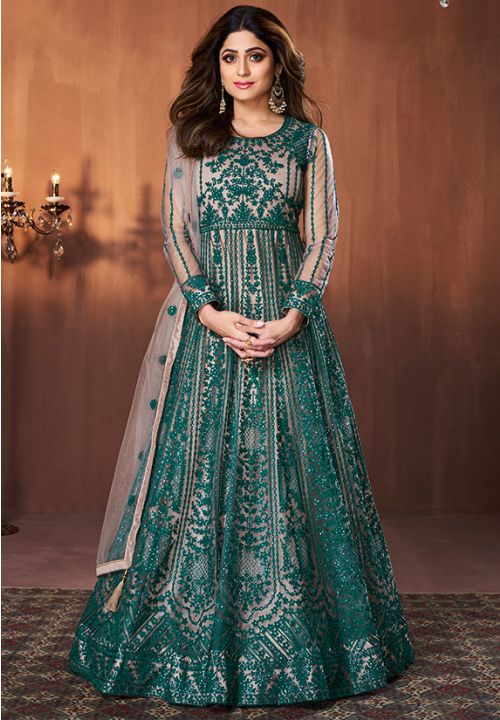 Green Bollywood Shamita Evening Wedding Gown In Georgette SFSA329904 - Siya Fashions