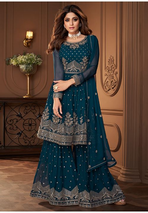 Bollywood Blue Shamita Shetty Wedding Sharara Suit SFSA323303 - Siya Fashions